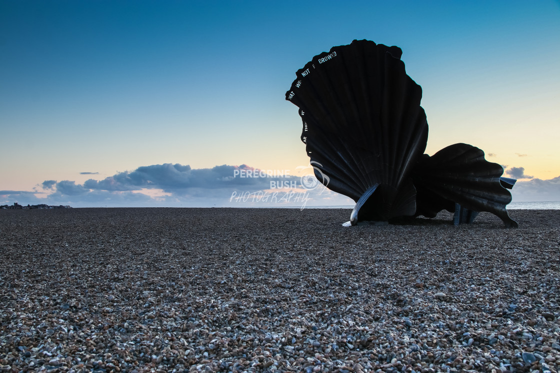 "The Scallop on Aldeburgh beach at dawn" stock image