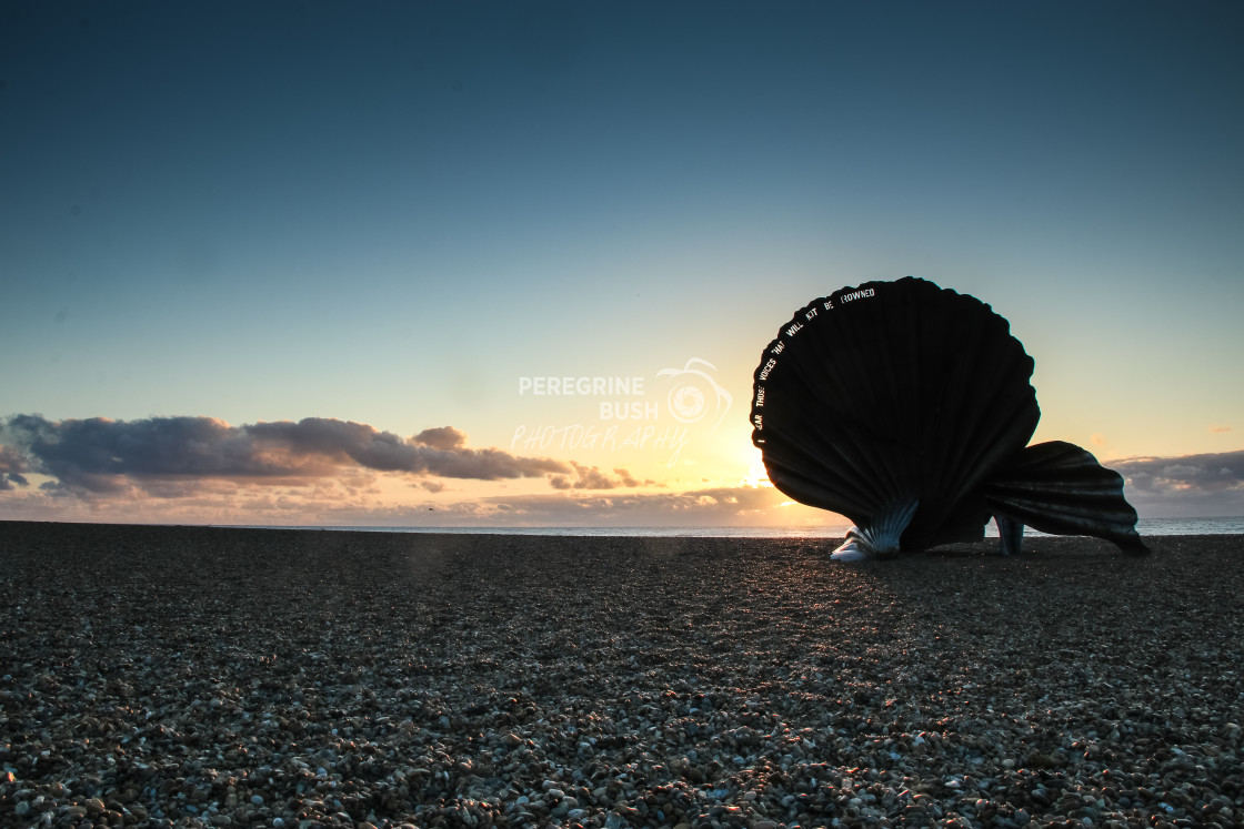 "The Scallop on Aldeburgh beach at dawn" stock image