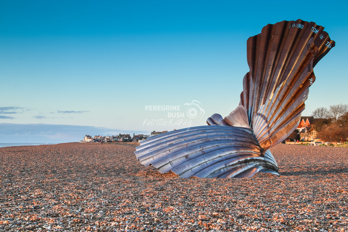 "The Scallop on Aldeburgh beach at dawn" stock image