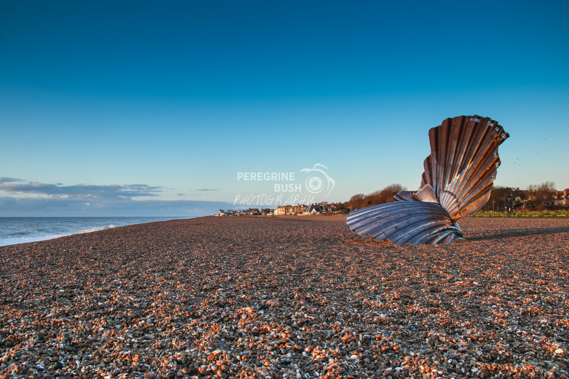 "The Scallop on Aldeburgh beach at dawn" stock image