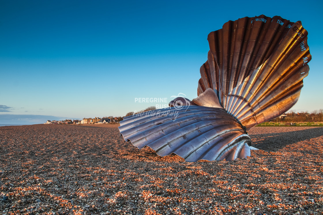 "The Scallop on Aldeburgh beach at dawn" stock image