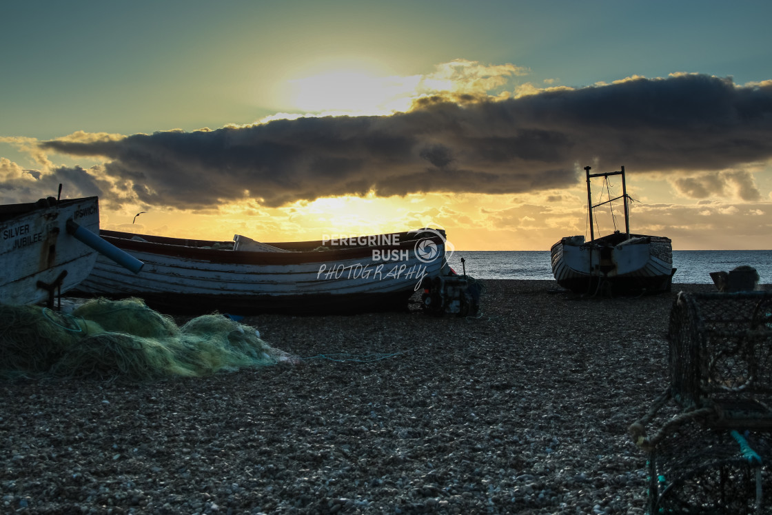 "Aldeburgh fishing boats at sunrise" stock image