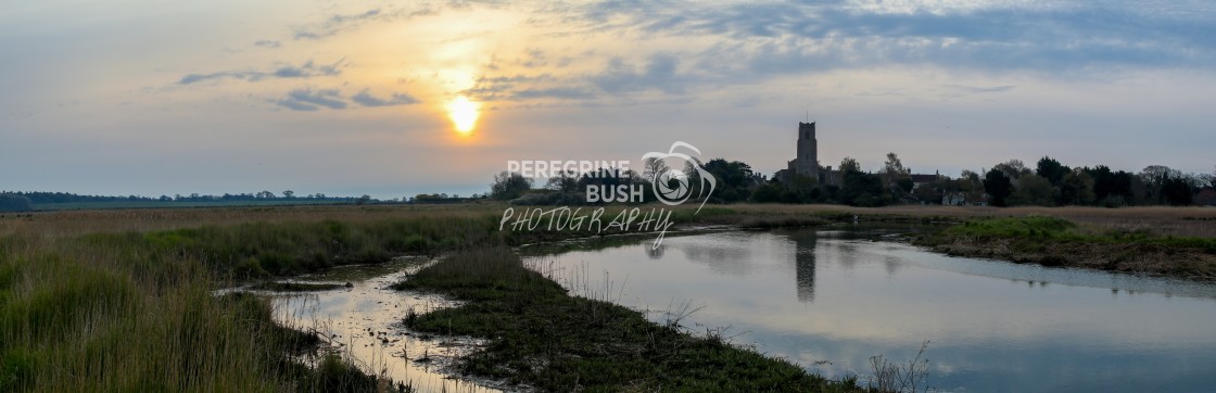 "Sunrise over the Cathedral of the Marshes, Blythburgh" stock image