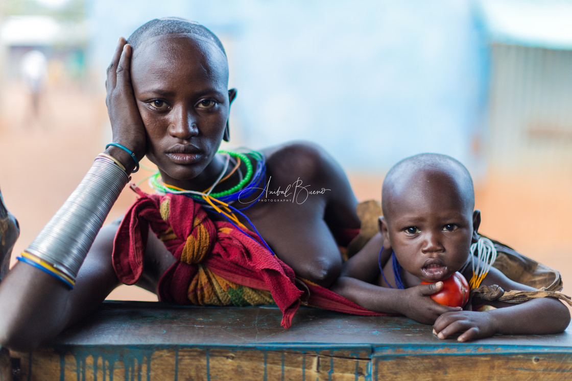 "Surma woman with his children" stock image