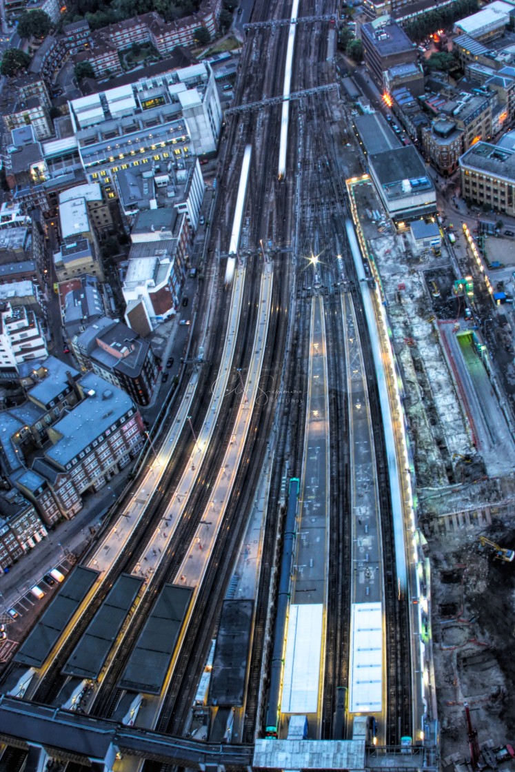 "Rail line from above in the evening" stock image