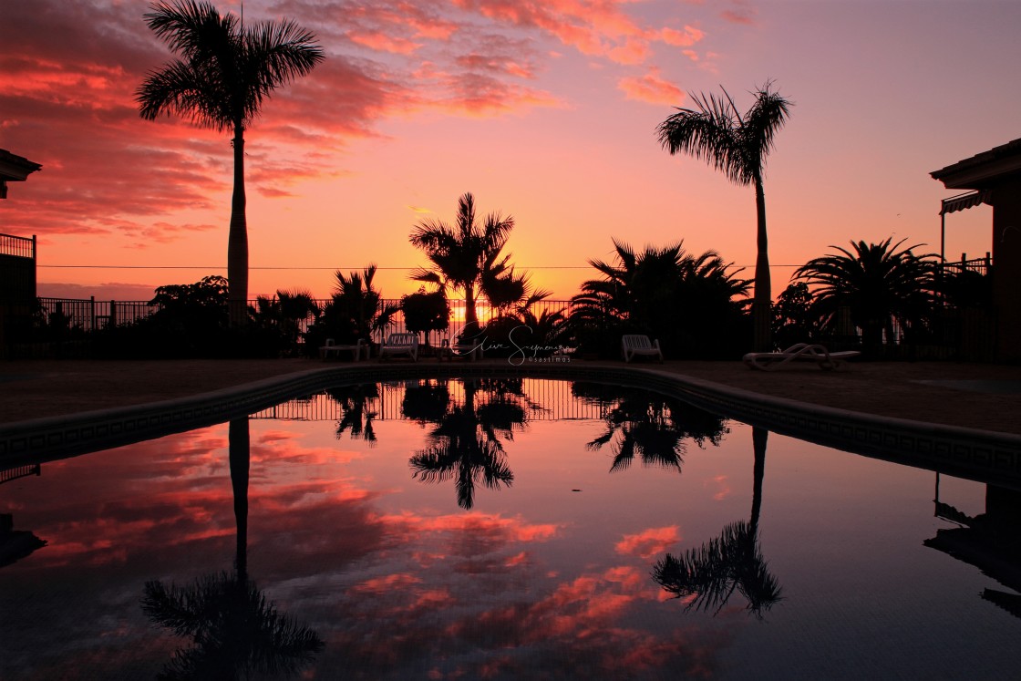 "Sunset reflections on a swimming pool" stock image