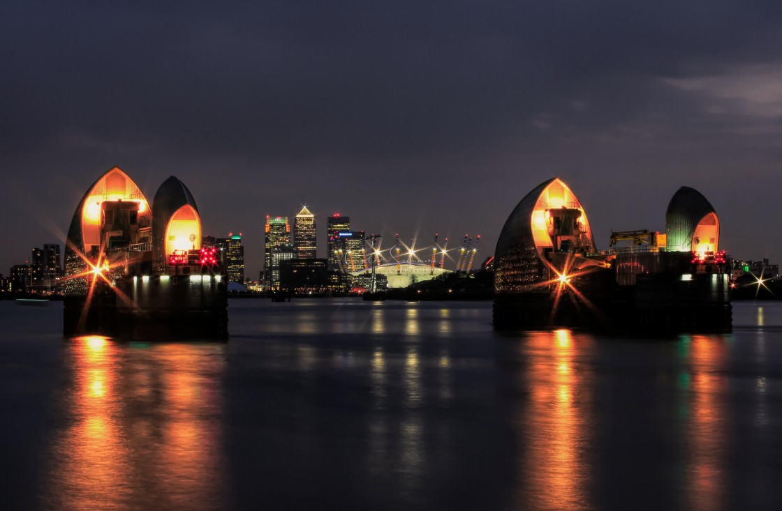 "Thames Flood Barrier by night" stock image