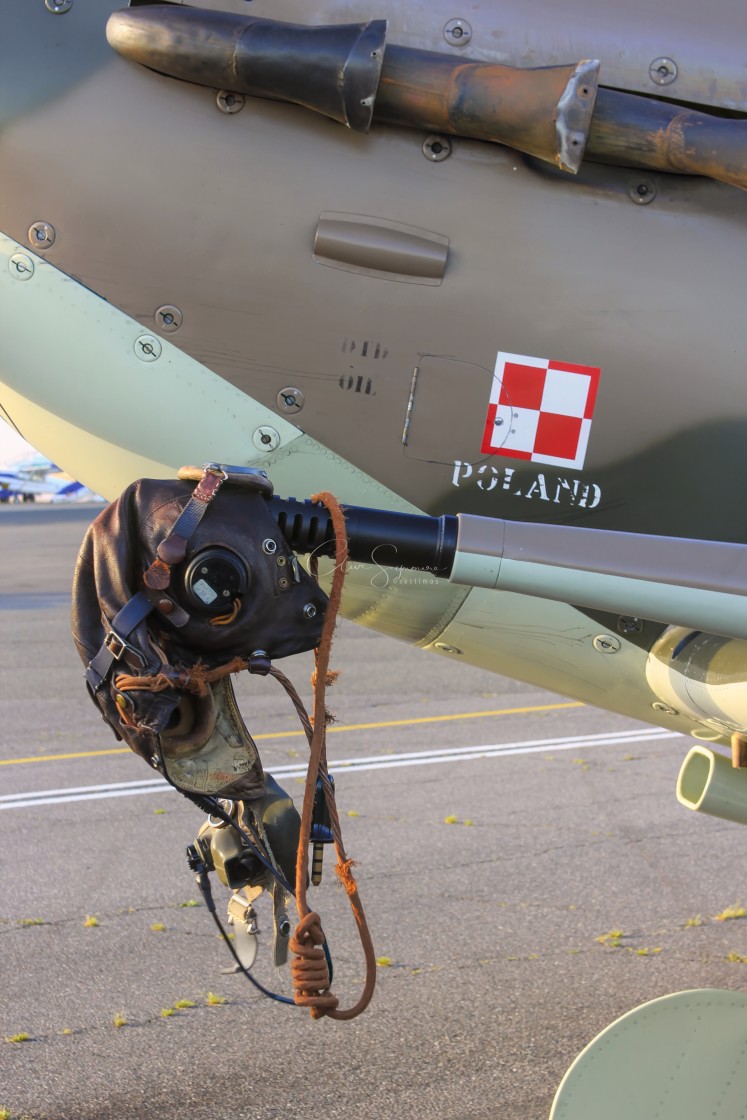 "Flying Helmet on a Spitfire with Polish insignia" stock image