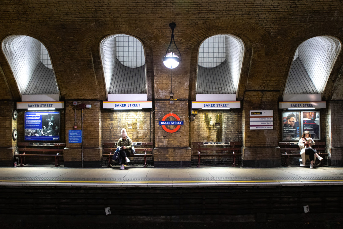 "Two travelers in Baker street underground." stock image