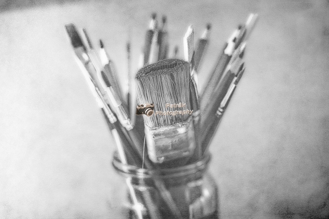 "Paint Brushes And Pencils - Black & White" by Keith Patrak - £15.00 "Paint Brushes And Pencils - Black & White" stock image