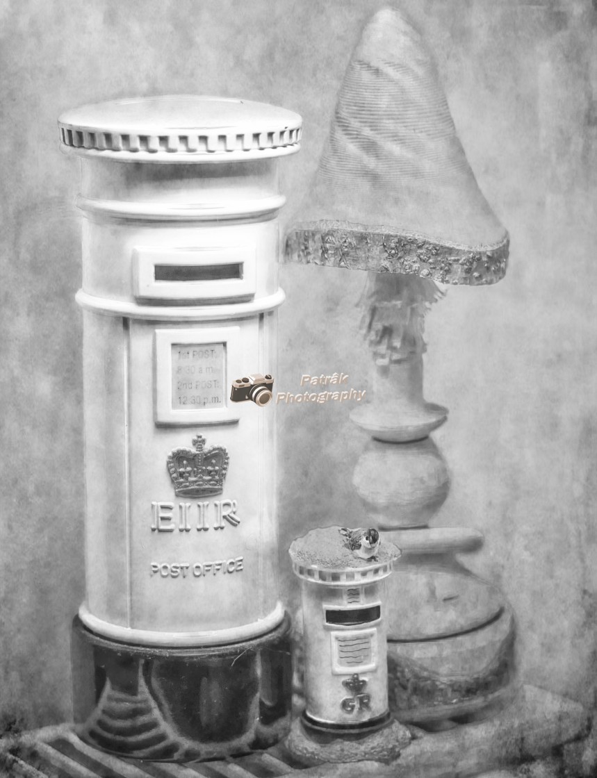 "Post Box's & Wooden Toadstool Still Life - Black & White" by Keith Patrak - £15.00 "Post Box's & Wooden Toadstool Still Life - Black & White" stock image