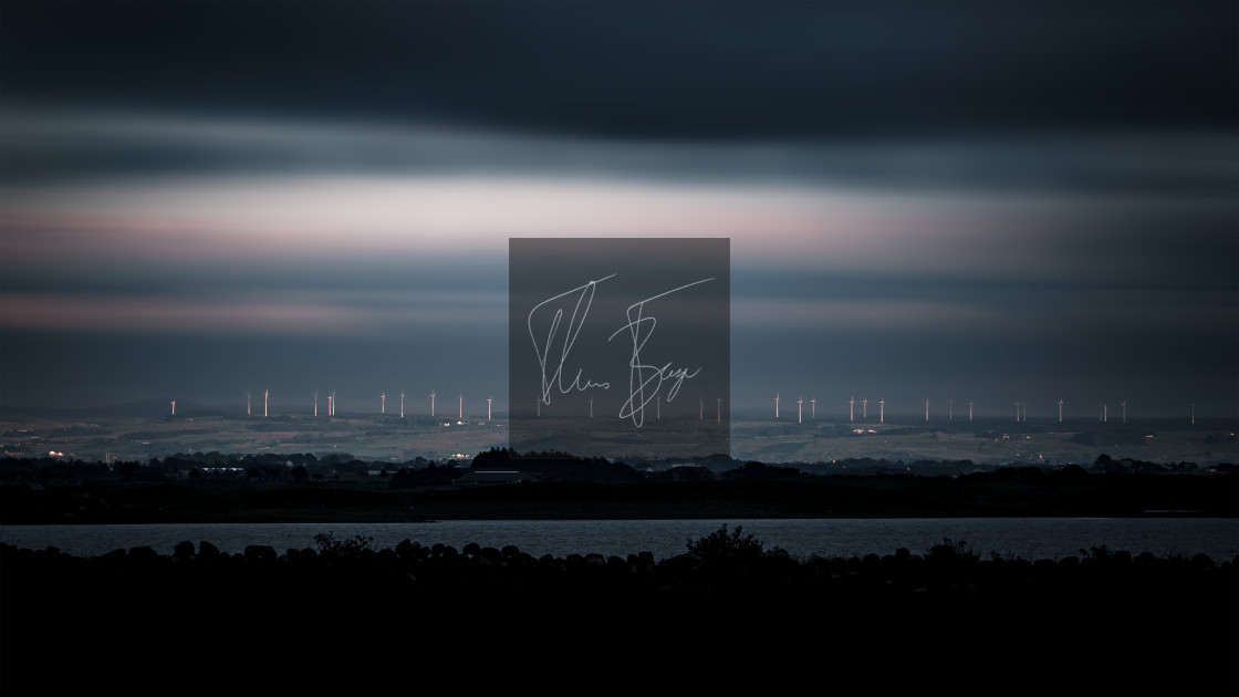 "Windmill park, in the stormy clouds of Norway." stock image