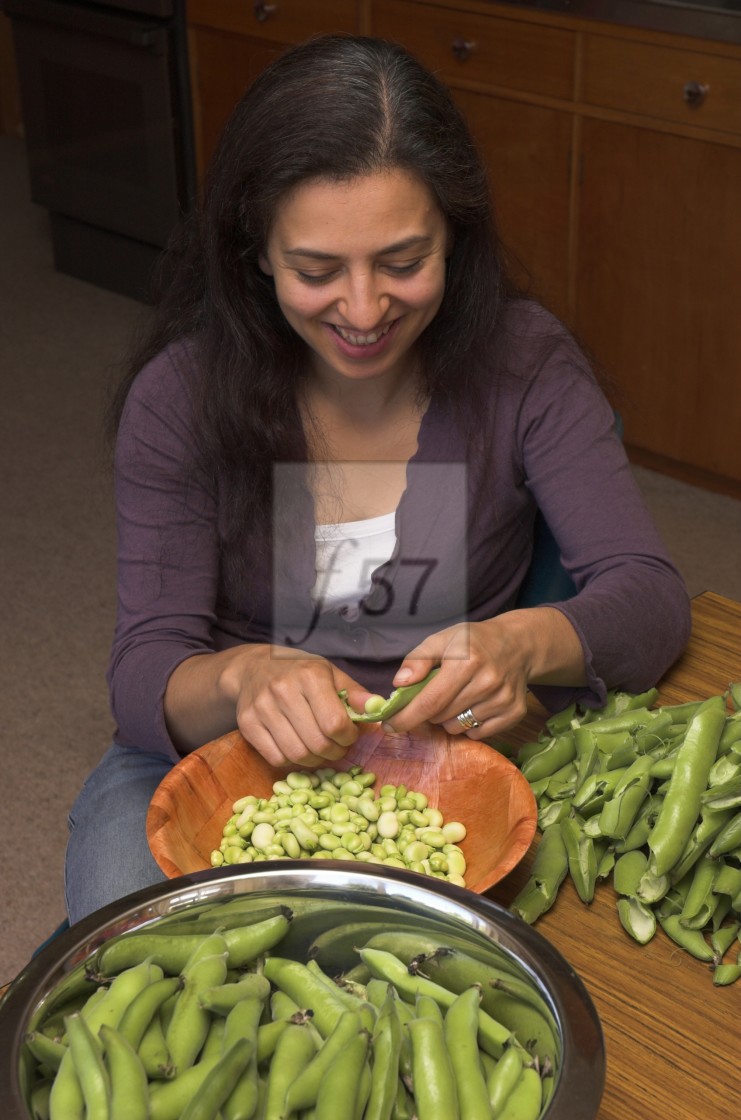 "A young woman preparing a harvest of broad beans by shelling them from the pods." stock image