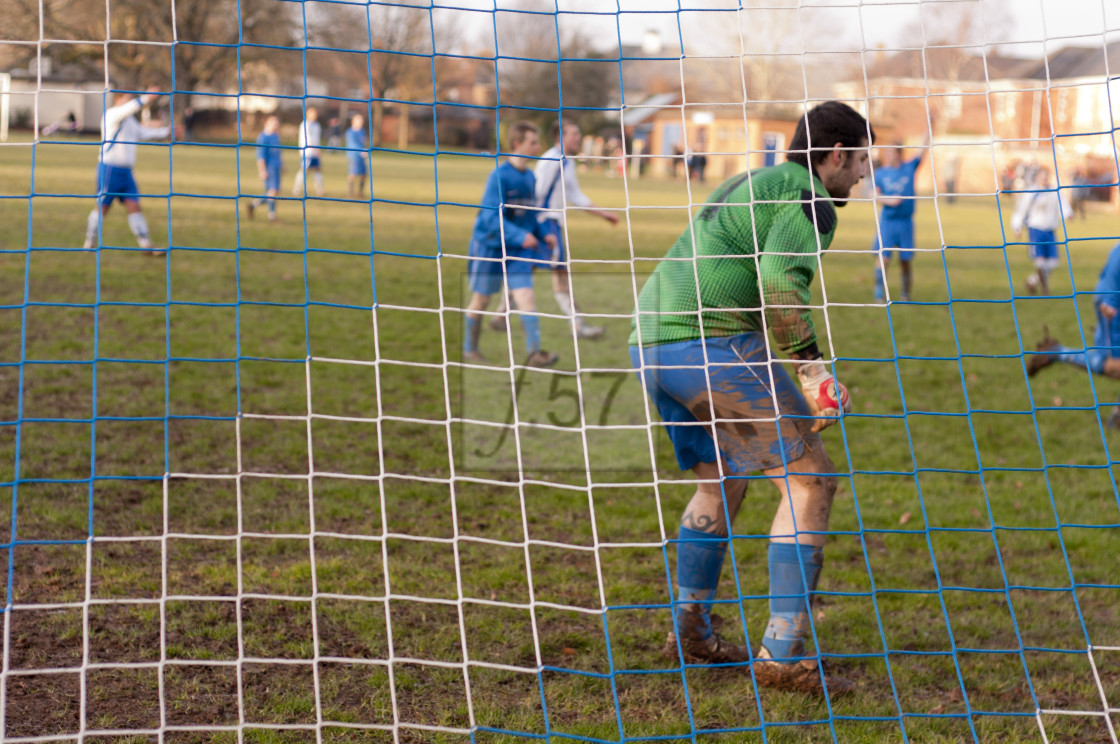 "Sunday league local football match goalkeeper." stock image