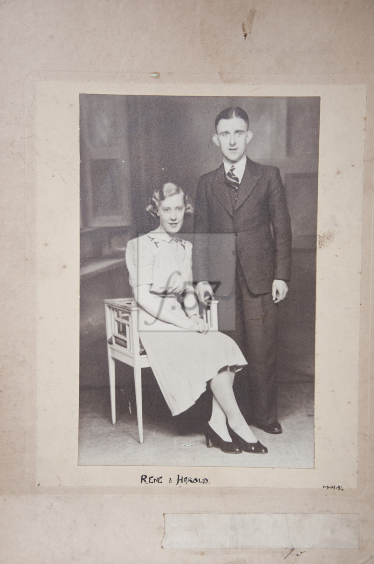 "Old photograph of 1930s couple in mount" stock image