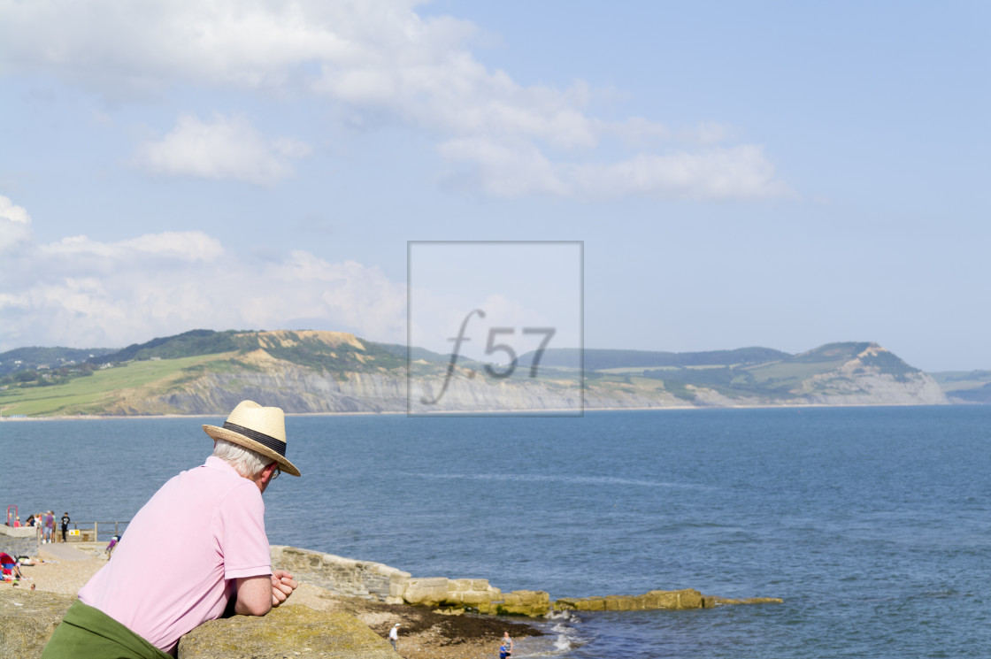 "Man viewing Jurassic coast from Lyme Regis." stock image