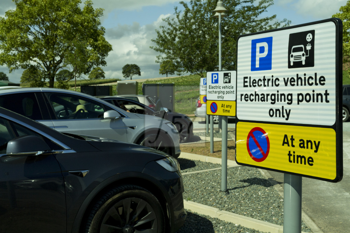 "Tesla Electric vehicle charging Points. Darts Farm, Topsham Devon UK" stock image