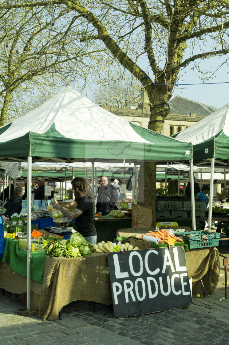 "Local Produce for sale at market stall. Wells, Somerset UK" stock image