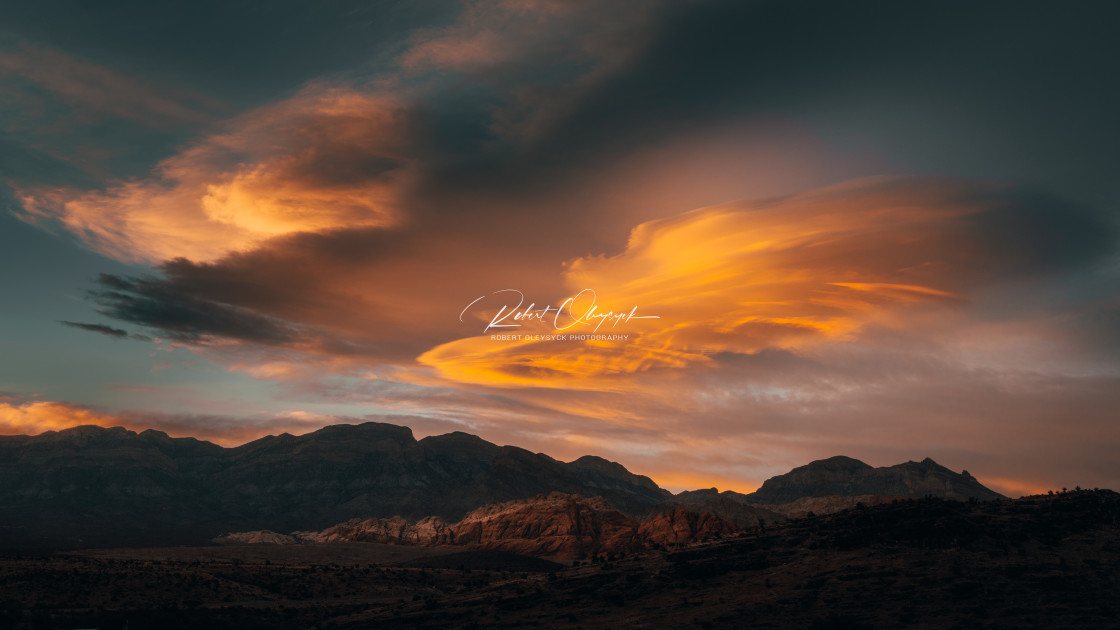 "Lenticular Clouds Sunset Over Red Rock Canyon" stock image