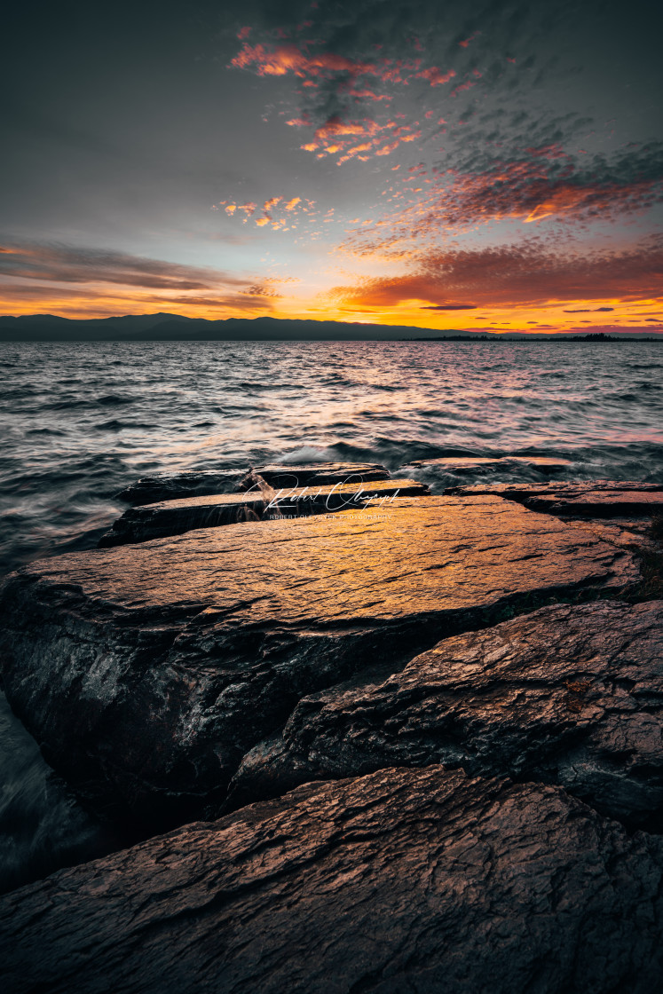 "Flathead Lake Rocky Shore Sunset" stock image