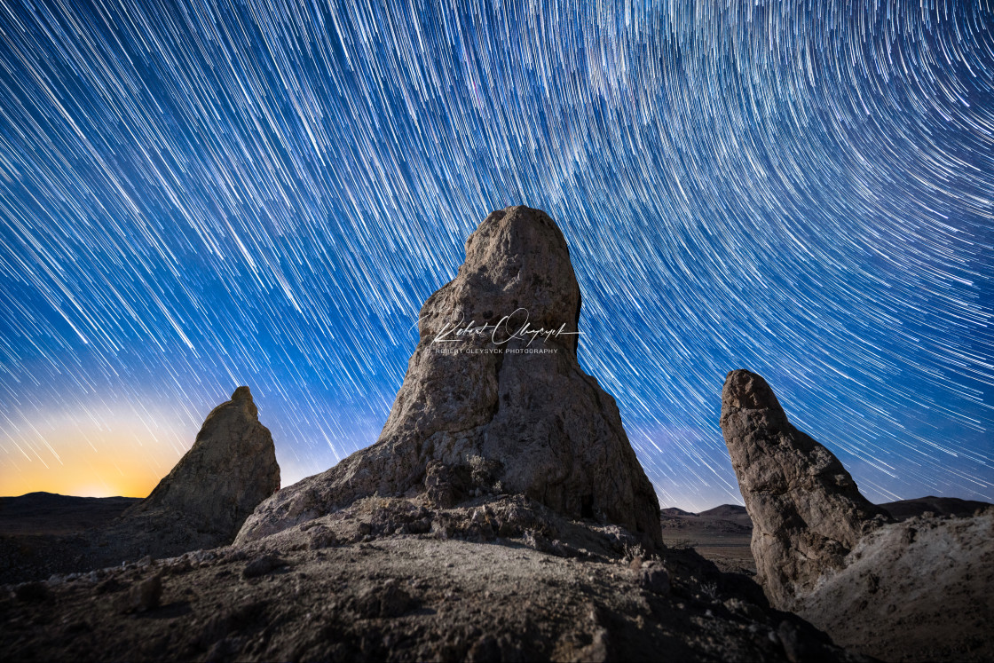 "Moonset Star Trails Over Triple Trona Pinnacles" stock image