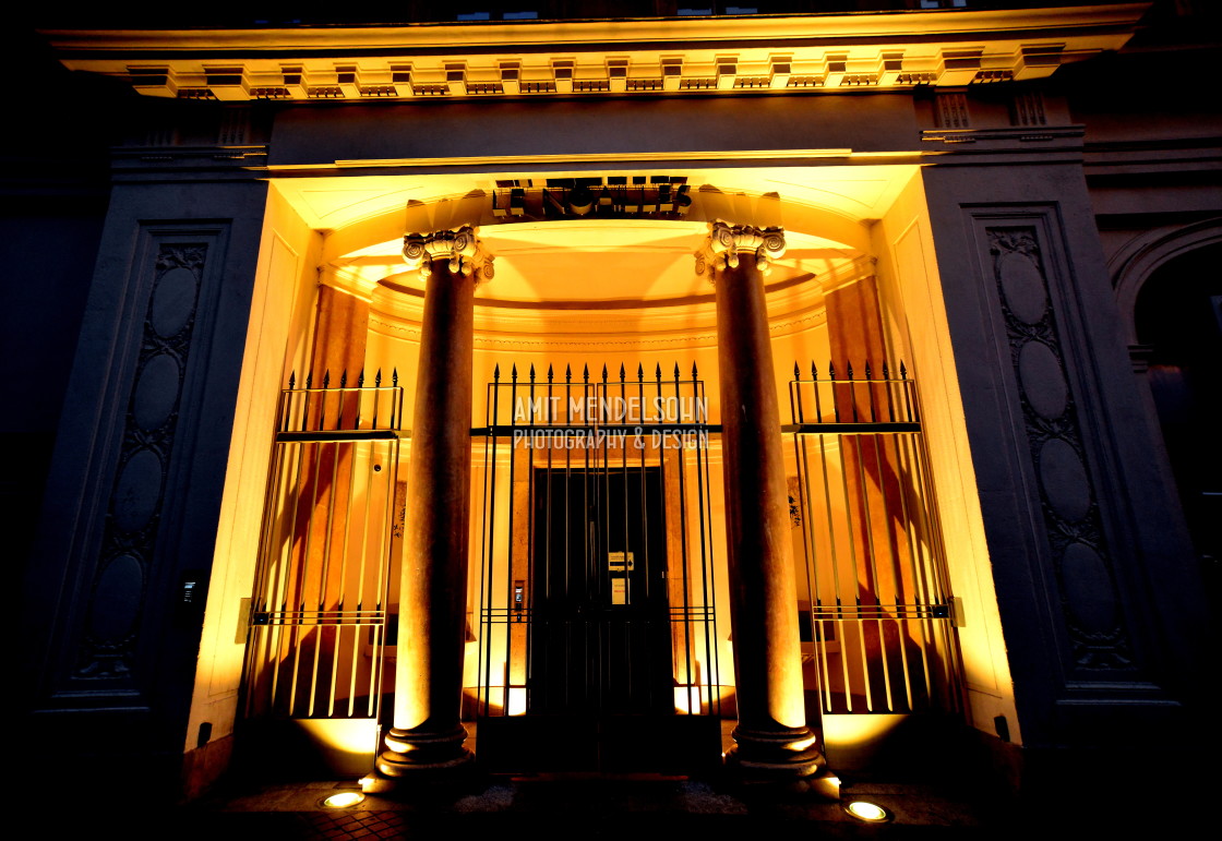 "Lighted up building entrance" stock image