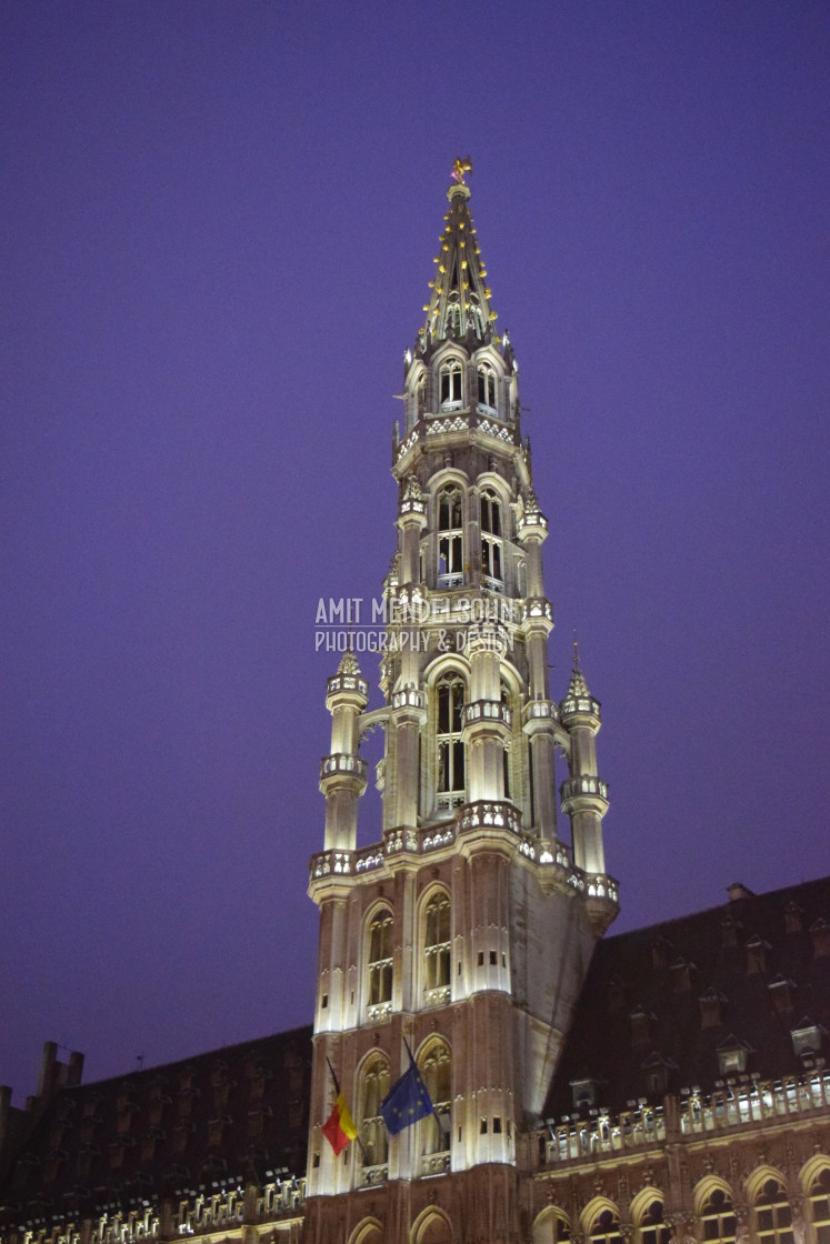 "Brussels city hall tower at night" stock image