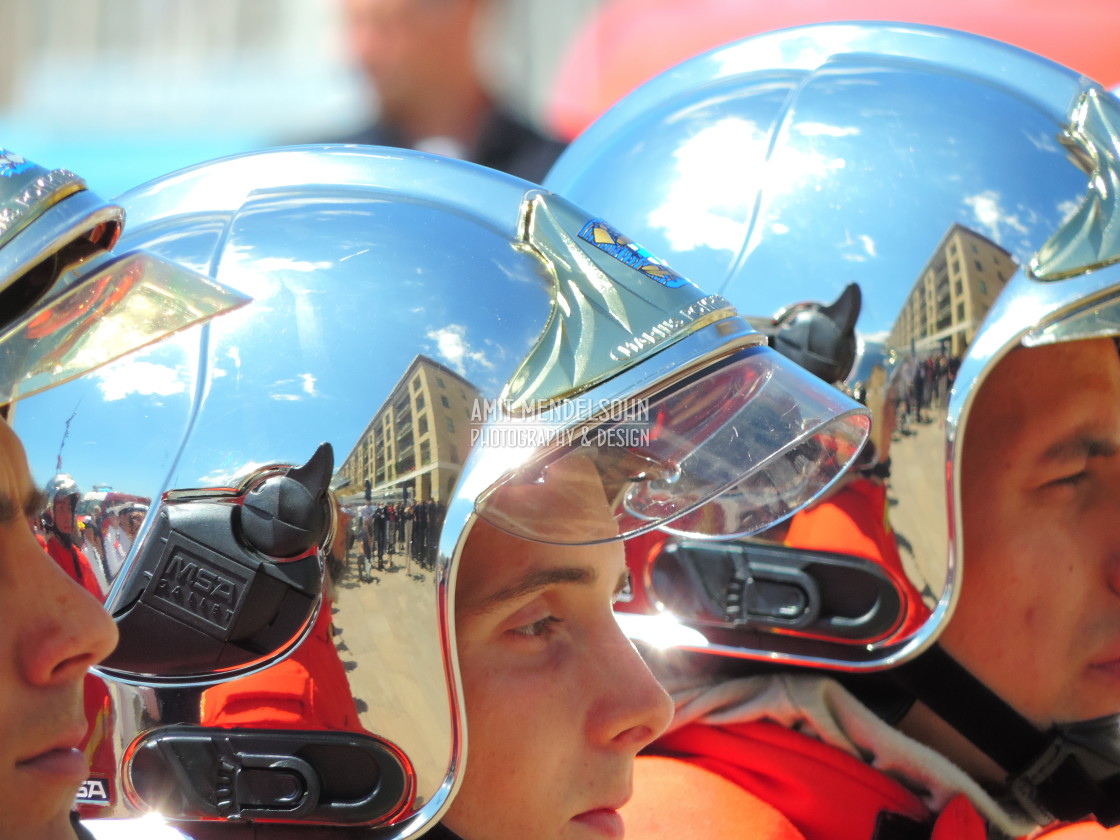 "The new helmets of the firemen" stock image