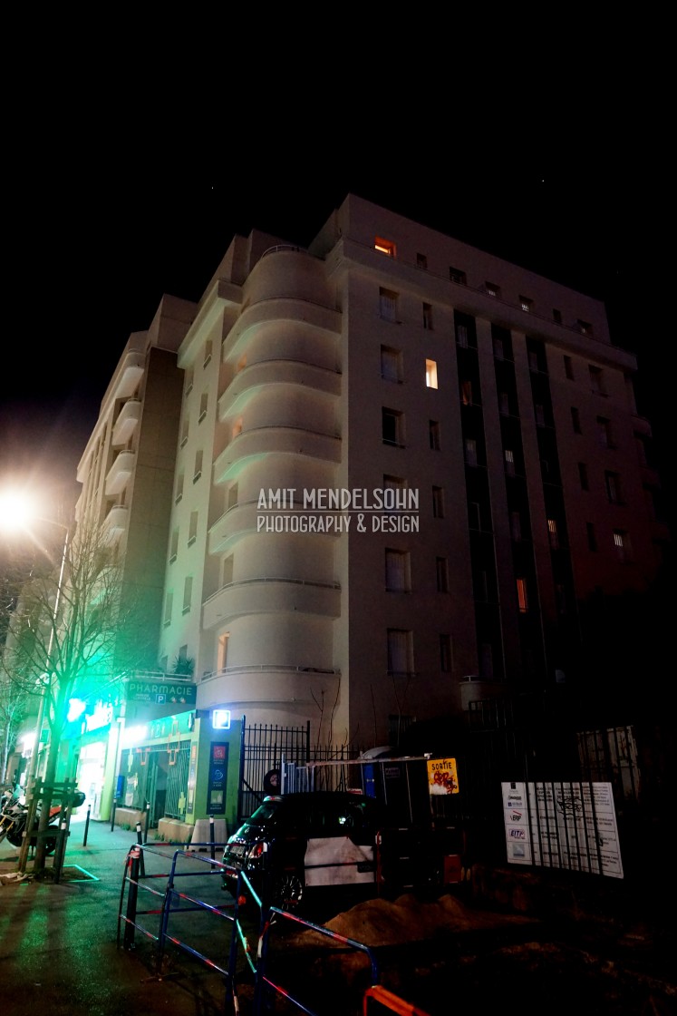 "art deco building at night" stock image