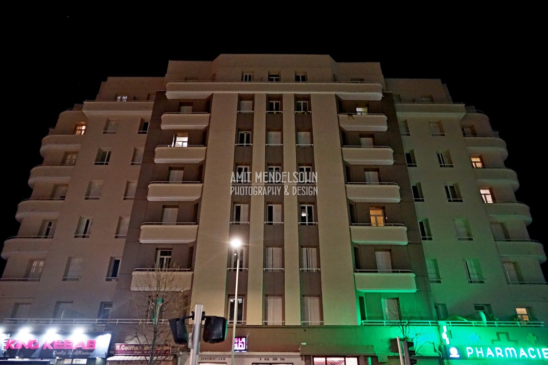 "art deco building at night" stock image