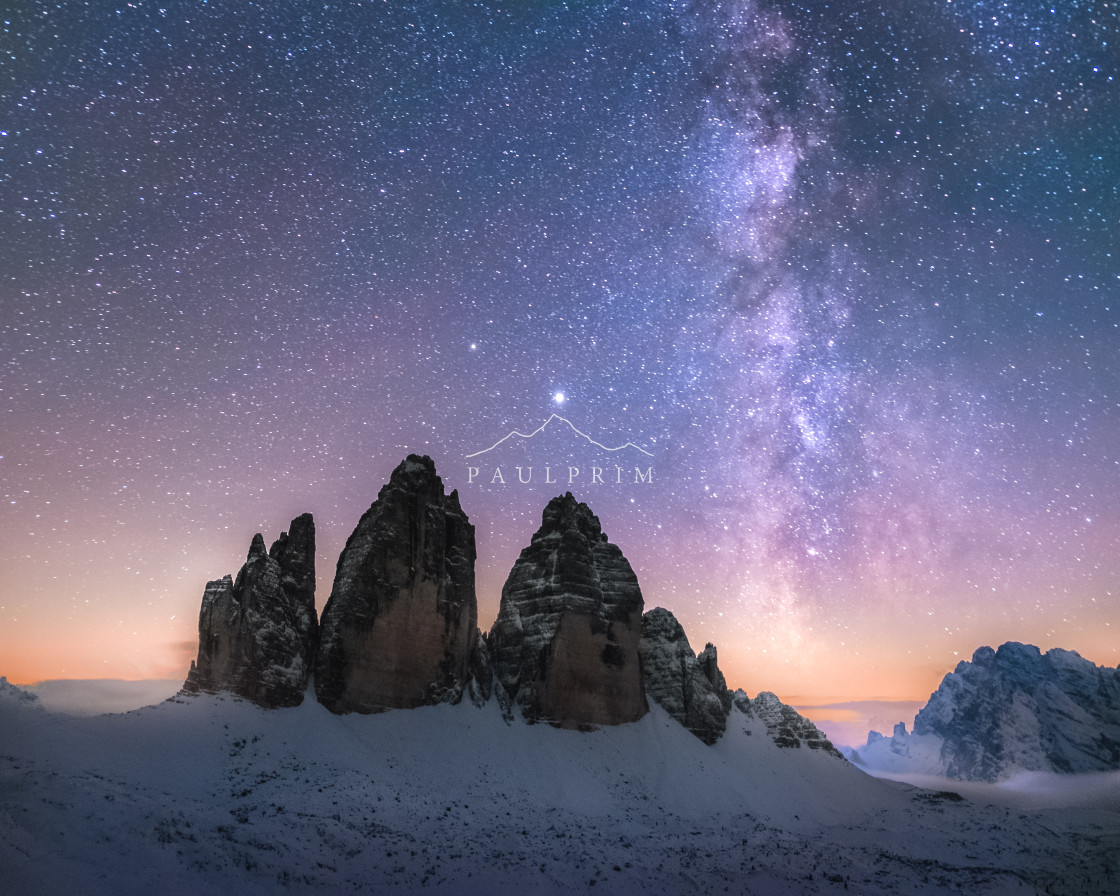 "Milky Way passing over Tre Cime" stock image