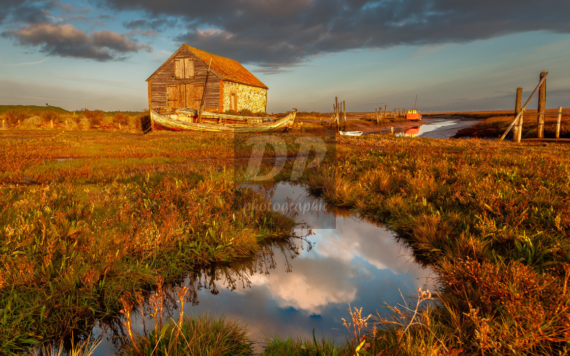 "Morning light at Thornham Harbour" stock image