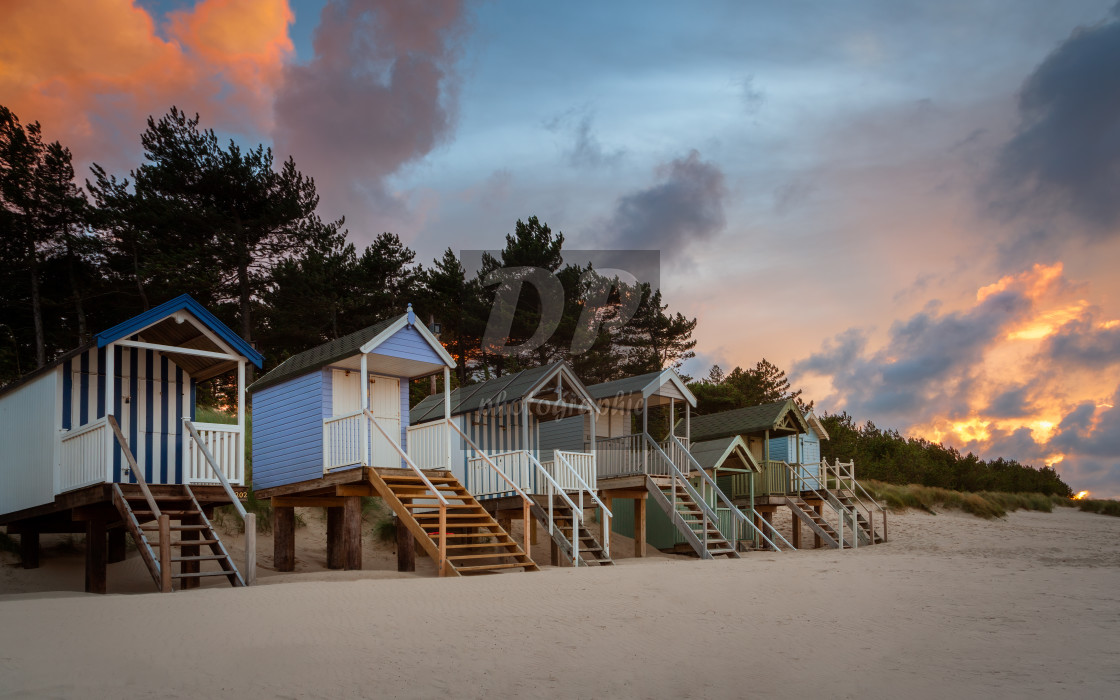 "Wells Beach Hut Sunset Norfolk" stock image