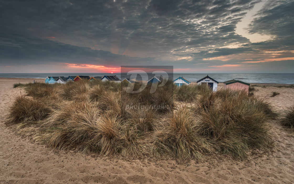 "Beach Hut Sunrise on Southwold Beach" stock image