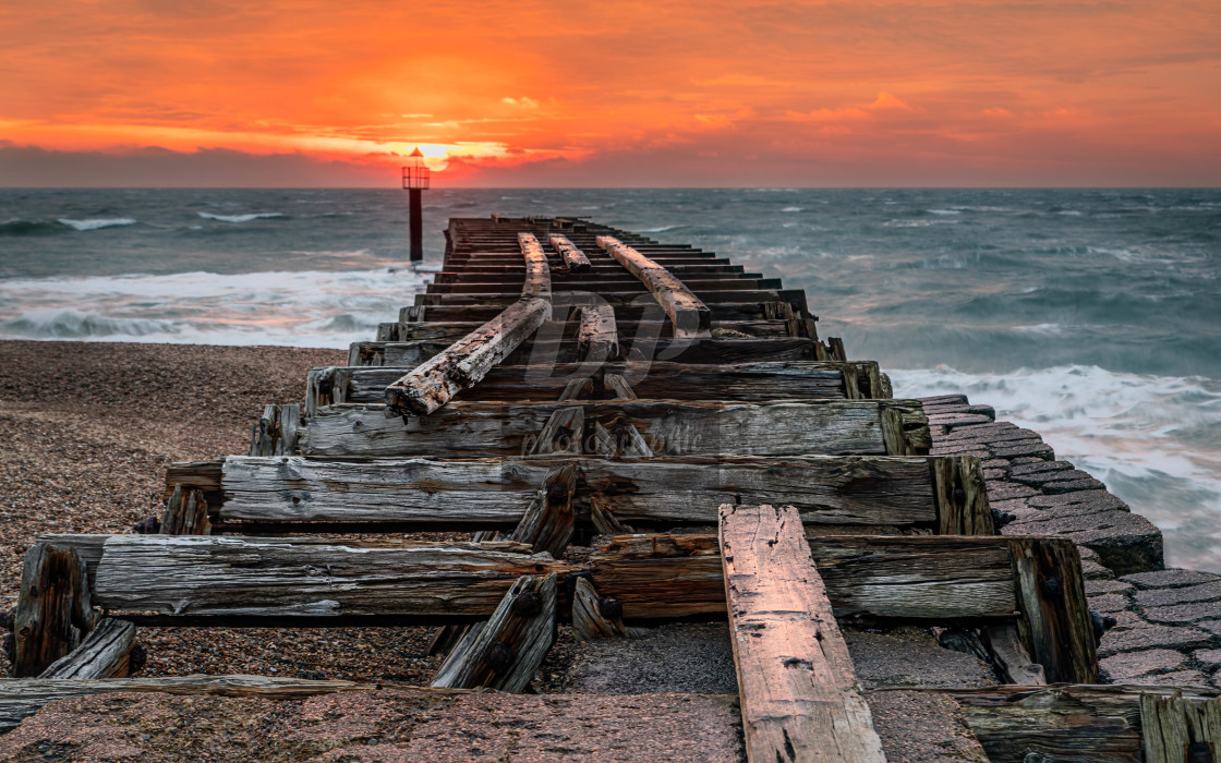 "Winter Sunrise Over The Old Pier at Landguard Point" stock image