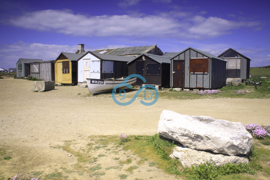 "Beach Huts and Boat" stock image