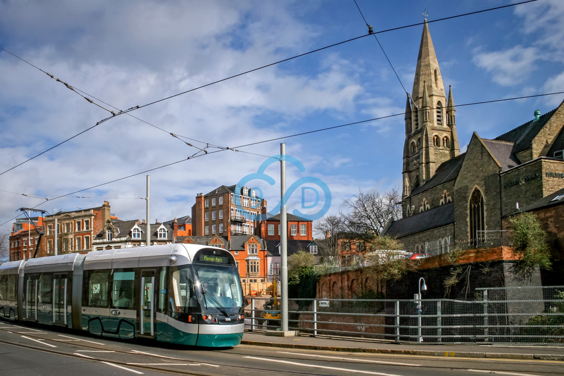 "Tram and the Pitcher & Piano, Nottingham" stock image