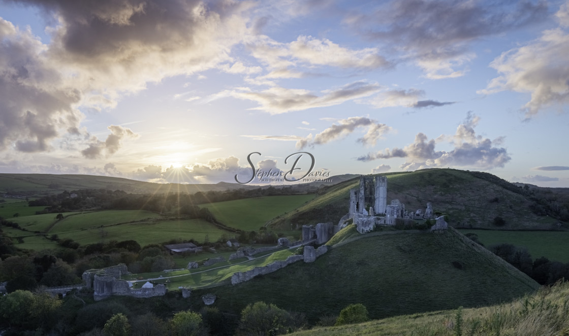 "Corfe Castle at Sunset" stock image