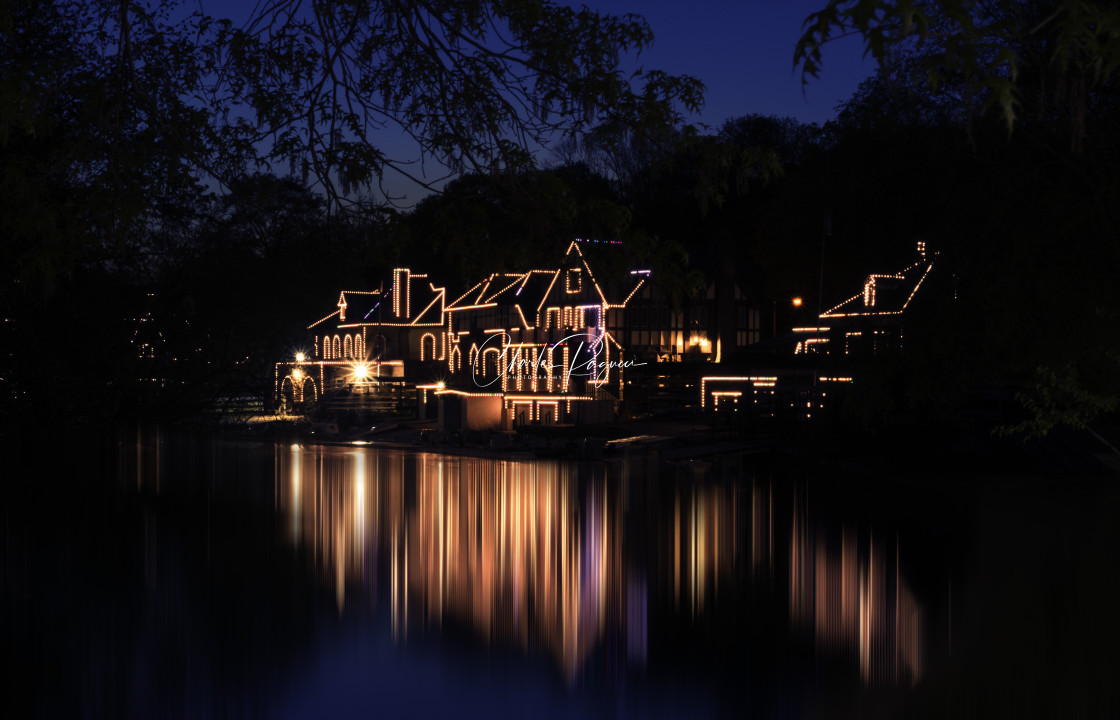 "Philadelphia After Dark Boathouse Row Illuminated." stock image