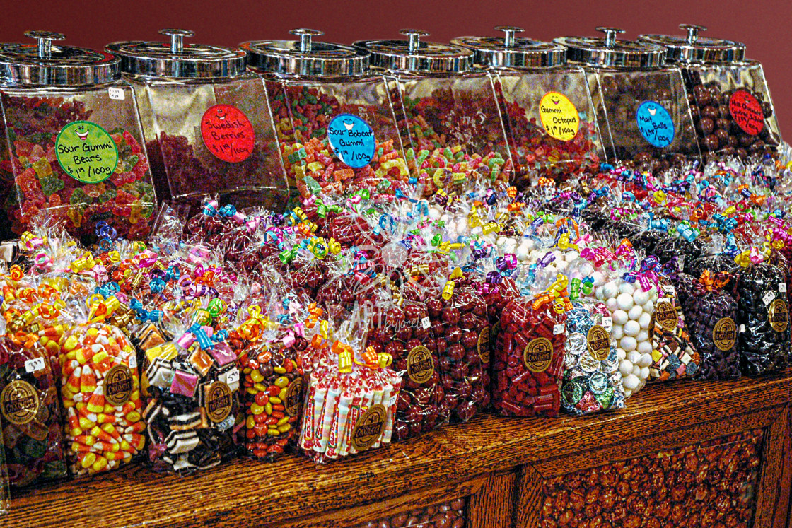 "Candy Jars in Store on Vintage Wood Desk" by Jocelyn Ball - $6.32 "Candy Jars in Store on Vintage Wood Desk" stock image