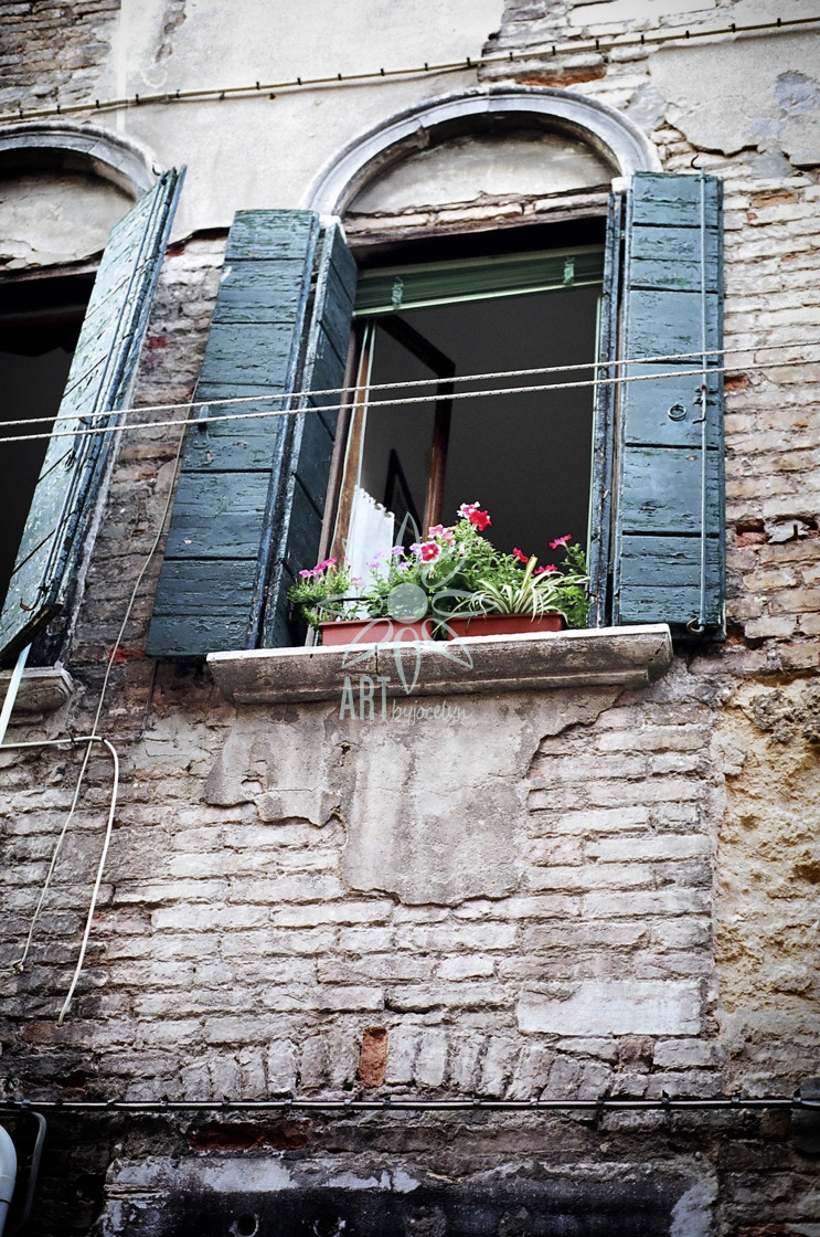 "Teal Shutters Red Flowers Window in Italy" by Jocelyn Ball - $6.32 "Teal Shutters Red Flowers Window in Italy" stock image