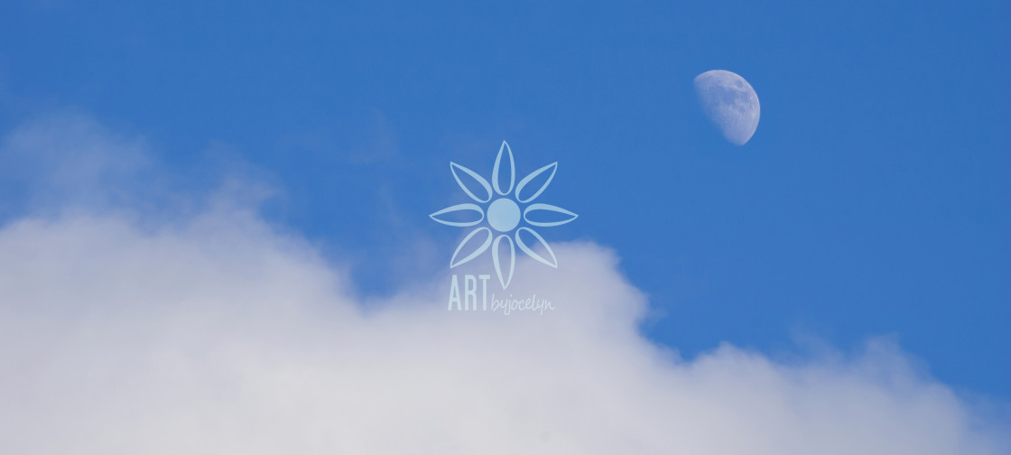 "Day Moon Blue Sky White Clouds Panorama" by Jocelyn Ball - $6.31 "Day Moon Blue Sky White Clouds Panorama" stock image
