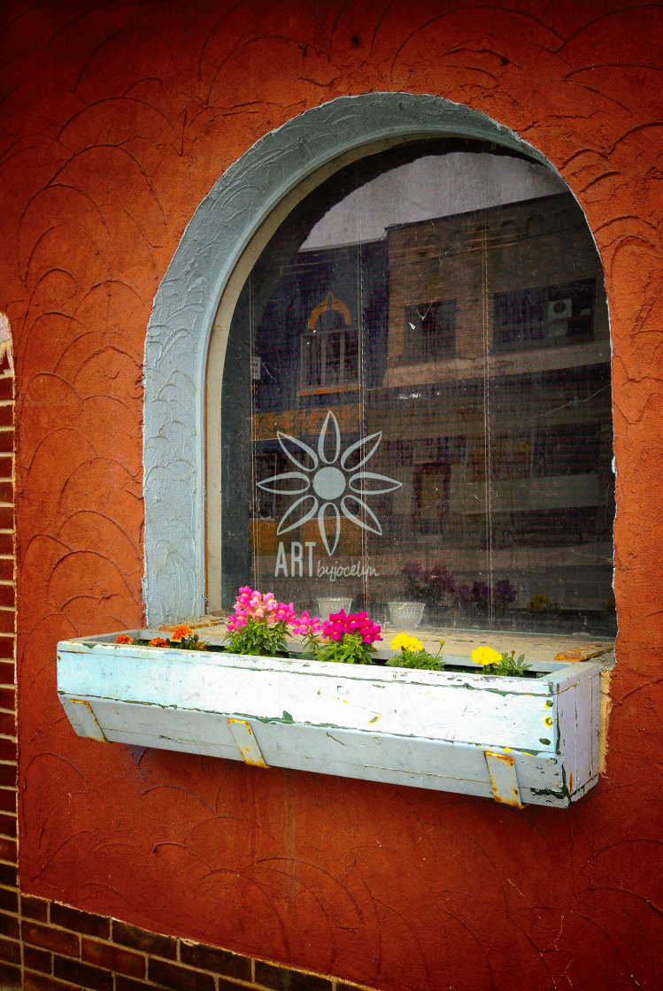 "Flower Planter and Dirty Window with Reflections" stock image