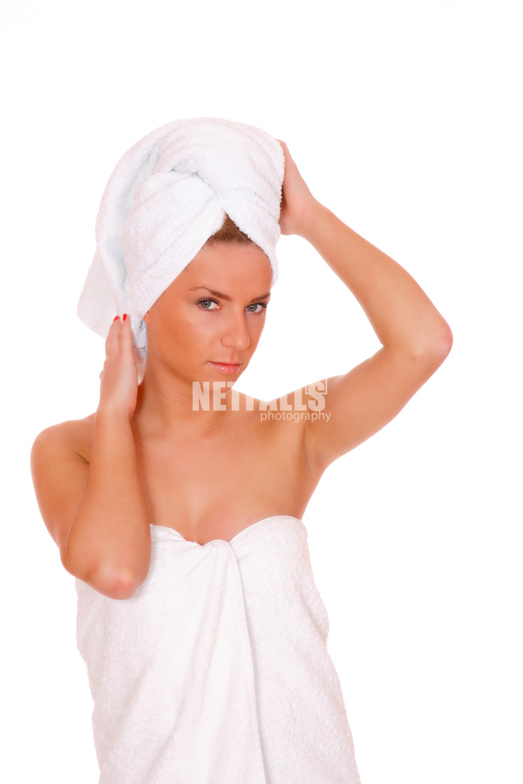 "beautiful young woman in towel" stock image