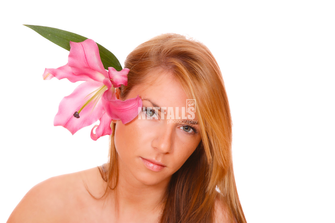 "Portrait of Fresh and Beautiful woman with flower" stock image