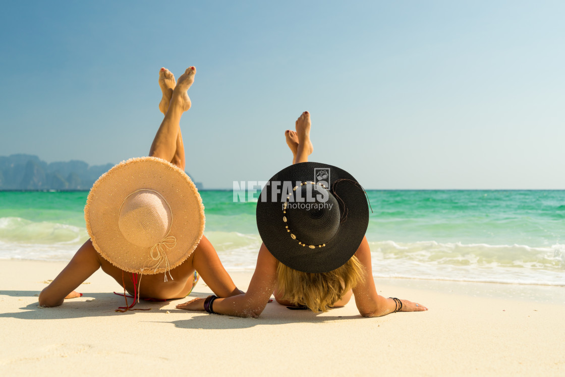 "Two Women at the beach in Koh Poda island Thailand" stock image