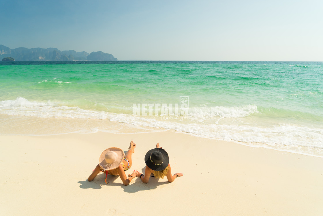 "Two Women at the beach in Koh Poda island Thailand" stock image