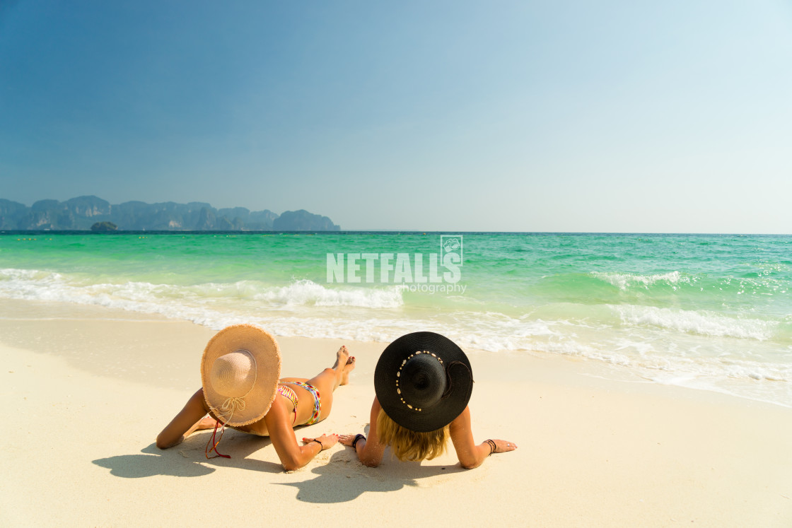 "Two Women at the beach in Koh Poda island Thailand" stock image