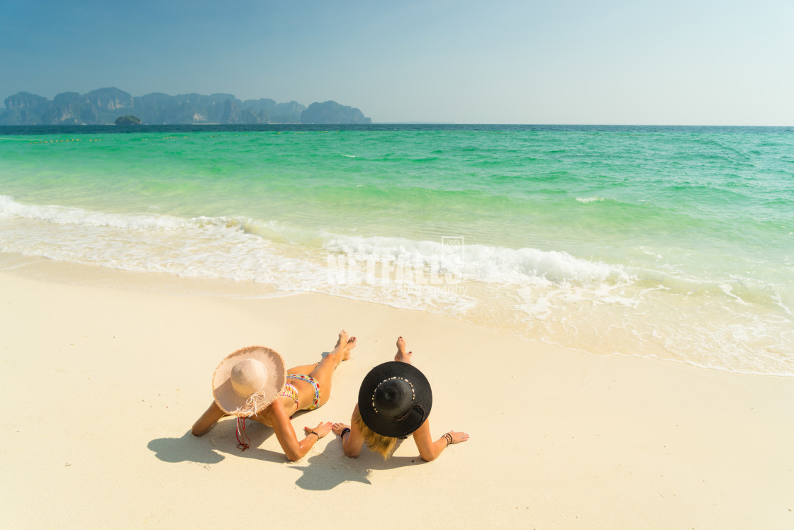 "Two Women at the beach in Koh Poda island Thailand" stock image