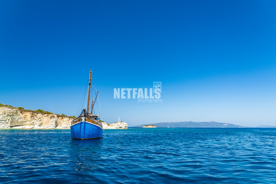 "Sailing boat at sea in Meganisi" stock image